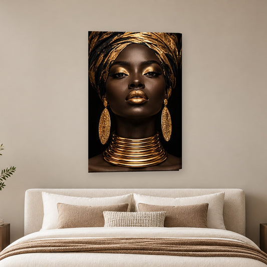 Tablou decorativ - Turban auriu cu cercei mari pe perete, in camera - Zibo.ro