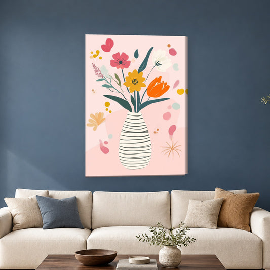 Tablou decorativ - Vaza cu flori pe roz pe perete, in camera - Zibo.ro
