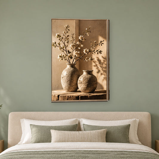 Tablou decorativ - Vaze cu flori de cires pe perete, in camera - Zibo.ro