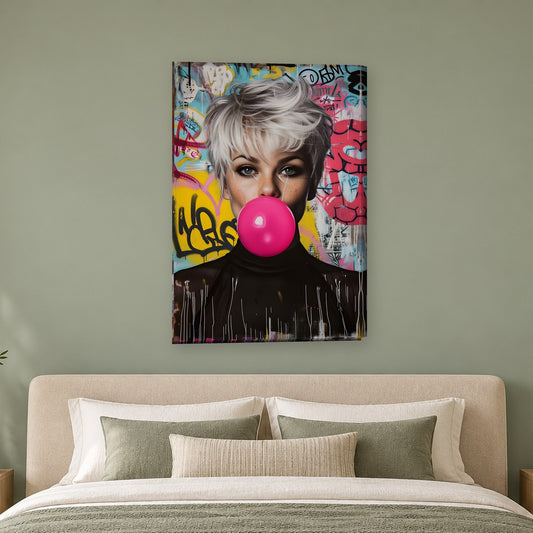 Tablou decorativ - Femeie cu guma roz pe graffiti pe perete, in camera - Zibo.ro