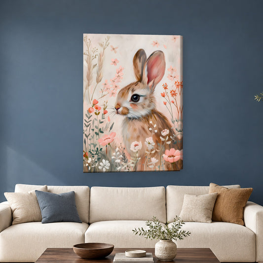 Tablou decorativ - Iepurasul printre flori pe perete, in camera - Zibo.ro