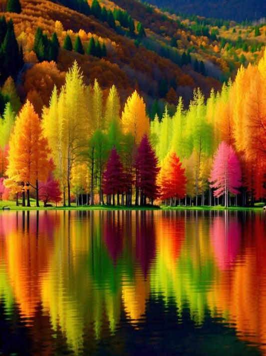Tablou pădure de toamnă multicoloră reflectată în lac liniștit
