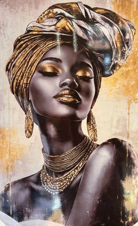 Tablou portret african cu turban auriu si coliere de aur