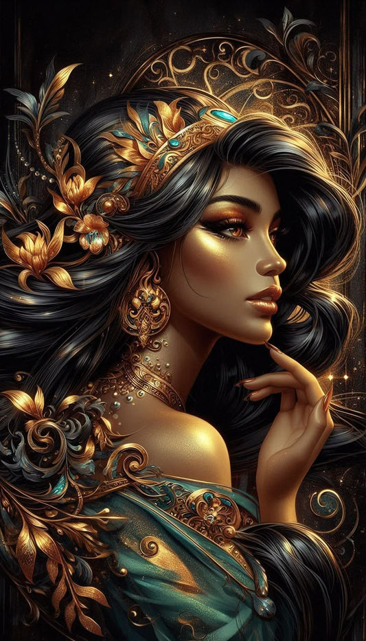 Tablou decorativ Printesa de aur - portret oriental cu diadema si arabescuri aurii