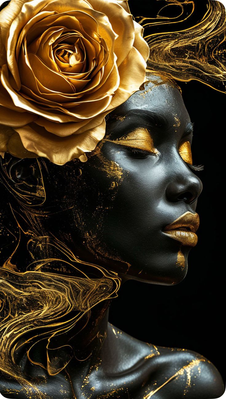 Tablou Black and Gold profil cu trandafir auriu si marmura
