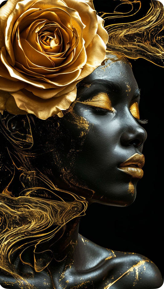 Tablou Black and Gold profil cu trandafir auriu si marmura