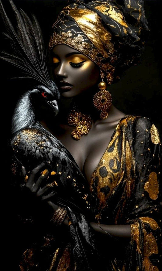 Tablou decorativ Regina noptii - femeie black&gold cu pasare exotica