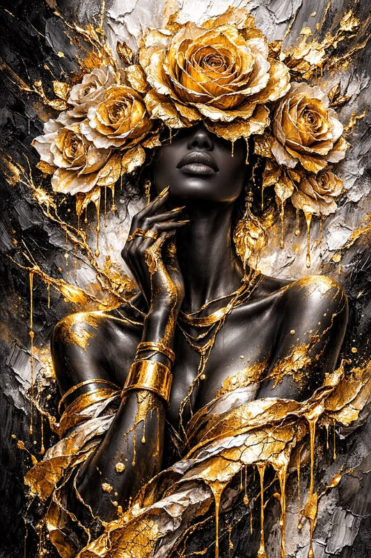 Tablou Black and Gold femeie cu coroana de trandafiri aurii
