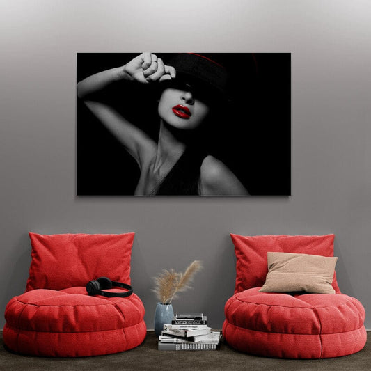 Tablou Canvas - Buze Rosie pe Negru