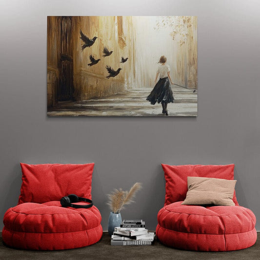 Tablou Canvas - Fata cu stol de pasarile