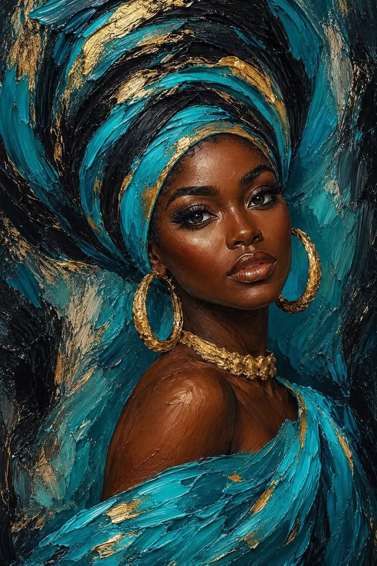 Tablou decorativ Splendoare in turcoaz - femeie africana cu turban turcoaz si aur