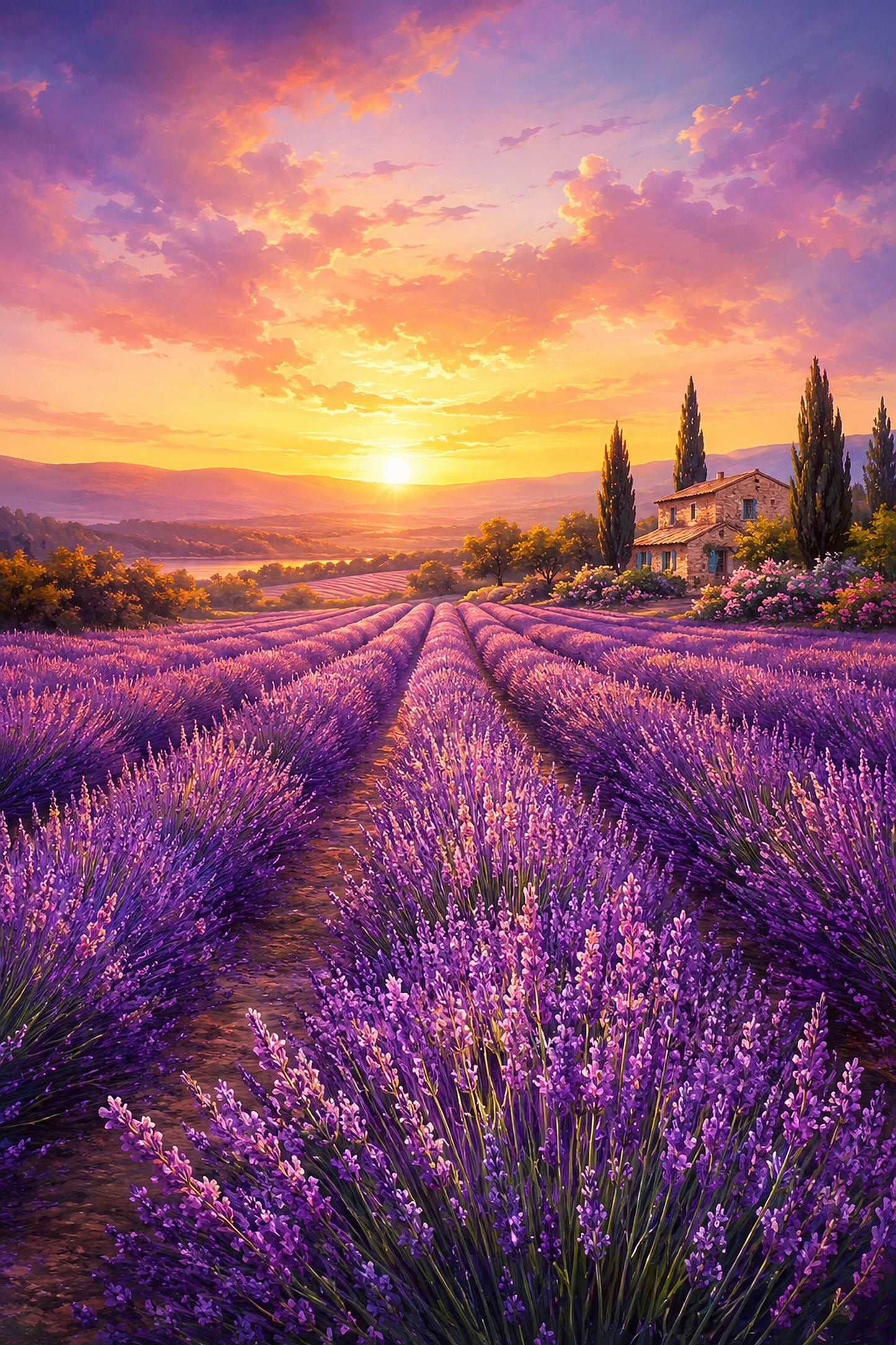 Tablou decorativ cu camp de lavanda la apus si casa de piatra