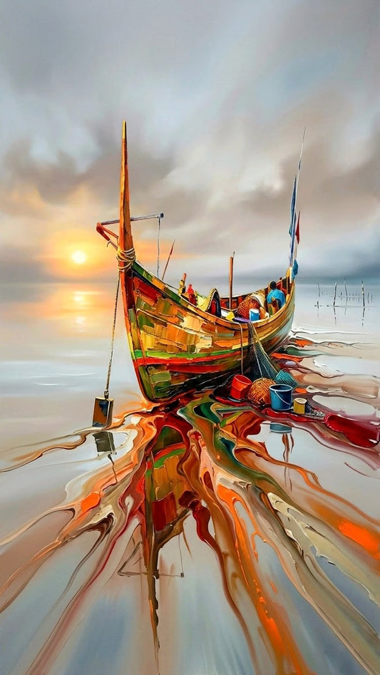 Tablou barcă colorată pe țărm la răsărit, pictură cuțit de paletă