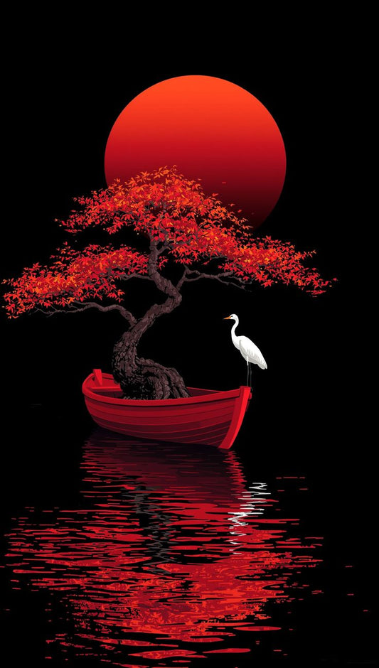 Tablou bonsai roșu sub luna stacojie cu barcă și stârc