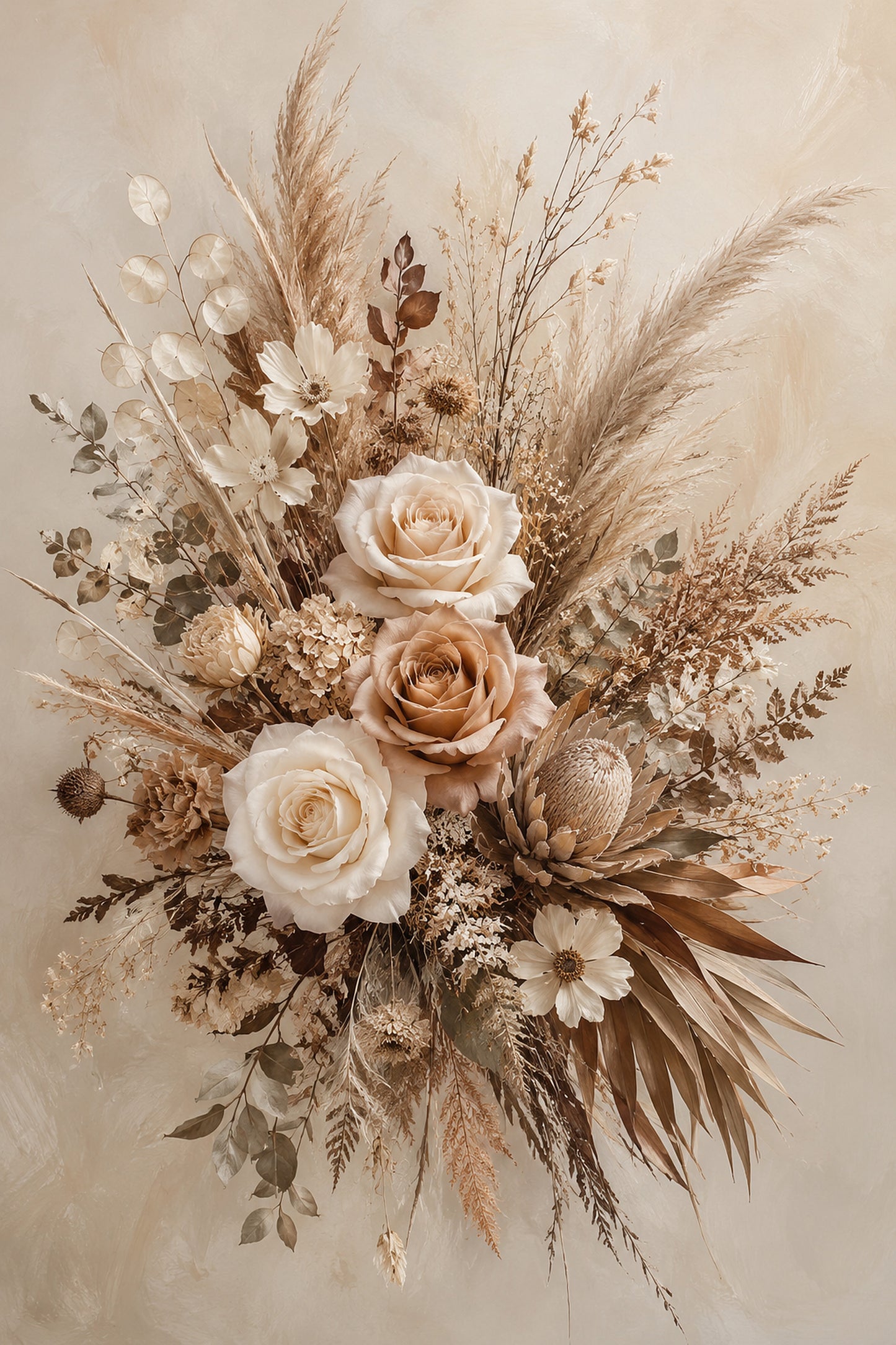 Tablou decorativ cu buchet de flori uscate in tonuri bej si crem