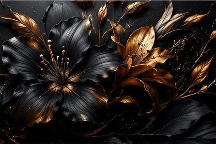 Tablou decorativ cu buchet de flori negre si aurii
