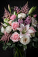 Tablou decorativ cu buchet de trandafiri roz crini si liliac mov