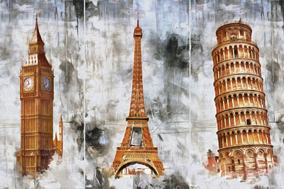 Tablou decorativ - Eleganta Urbană cu Big Ben, Turnul Eiffel si Turnul din Pisa