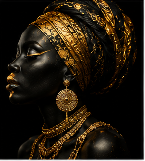Tablou decorativ Femeie Africana cu Lant de Aur, portret negru si auriu