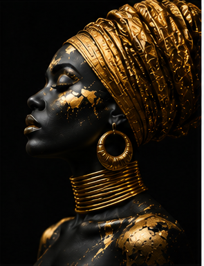 Tablou decorativ Femeie Africana pictata cu Aur, portret negru si auriu