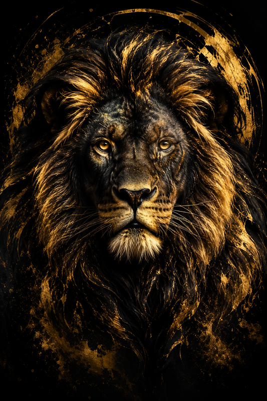 Tablou decorativ King Gold Lion, leu maiestuos in negru si auriu