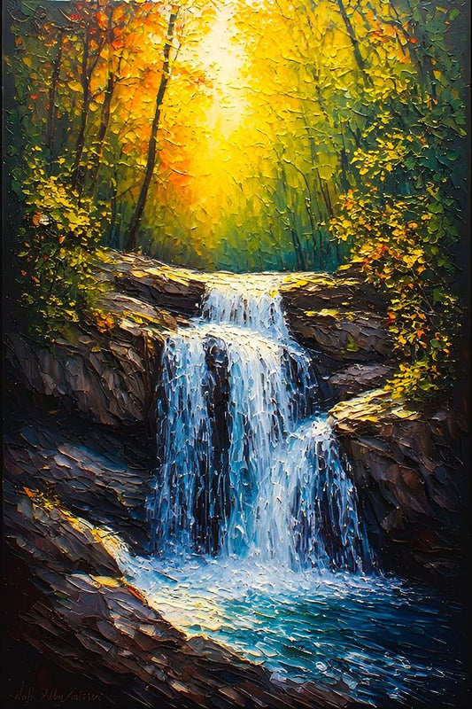 Tablou cascadă în pădure cu lumină aurie, pictură în ulei