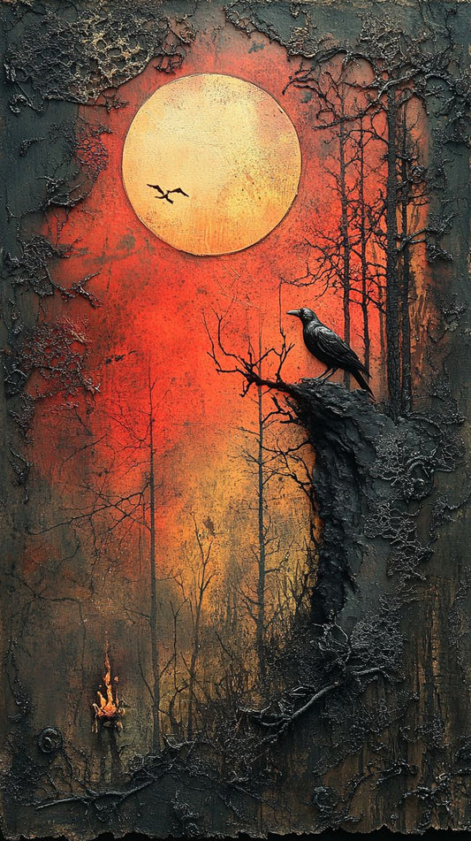 Tablou corb sub luna roșie în pădure întunecată