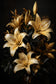 Tablou decorativ cu buchet de crini aurii pe fundal negru