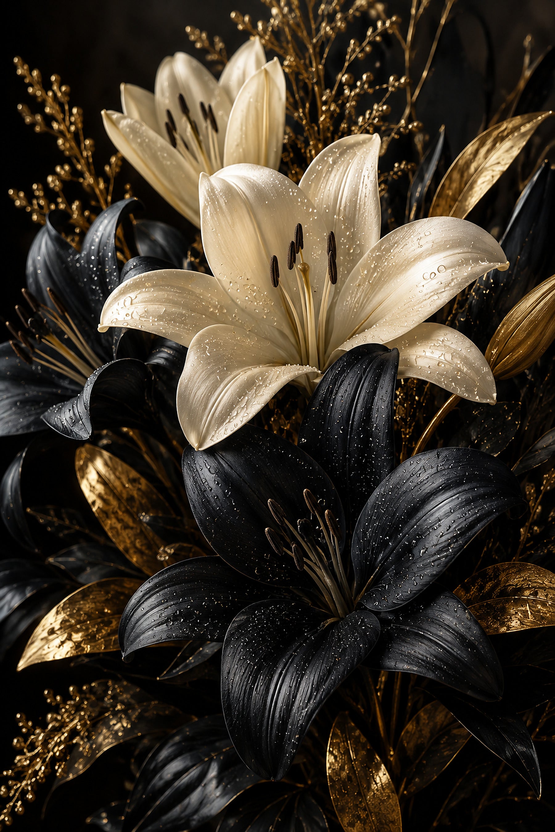 Tablou decorativ cu crin crem si crin negru cu frunze aurii