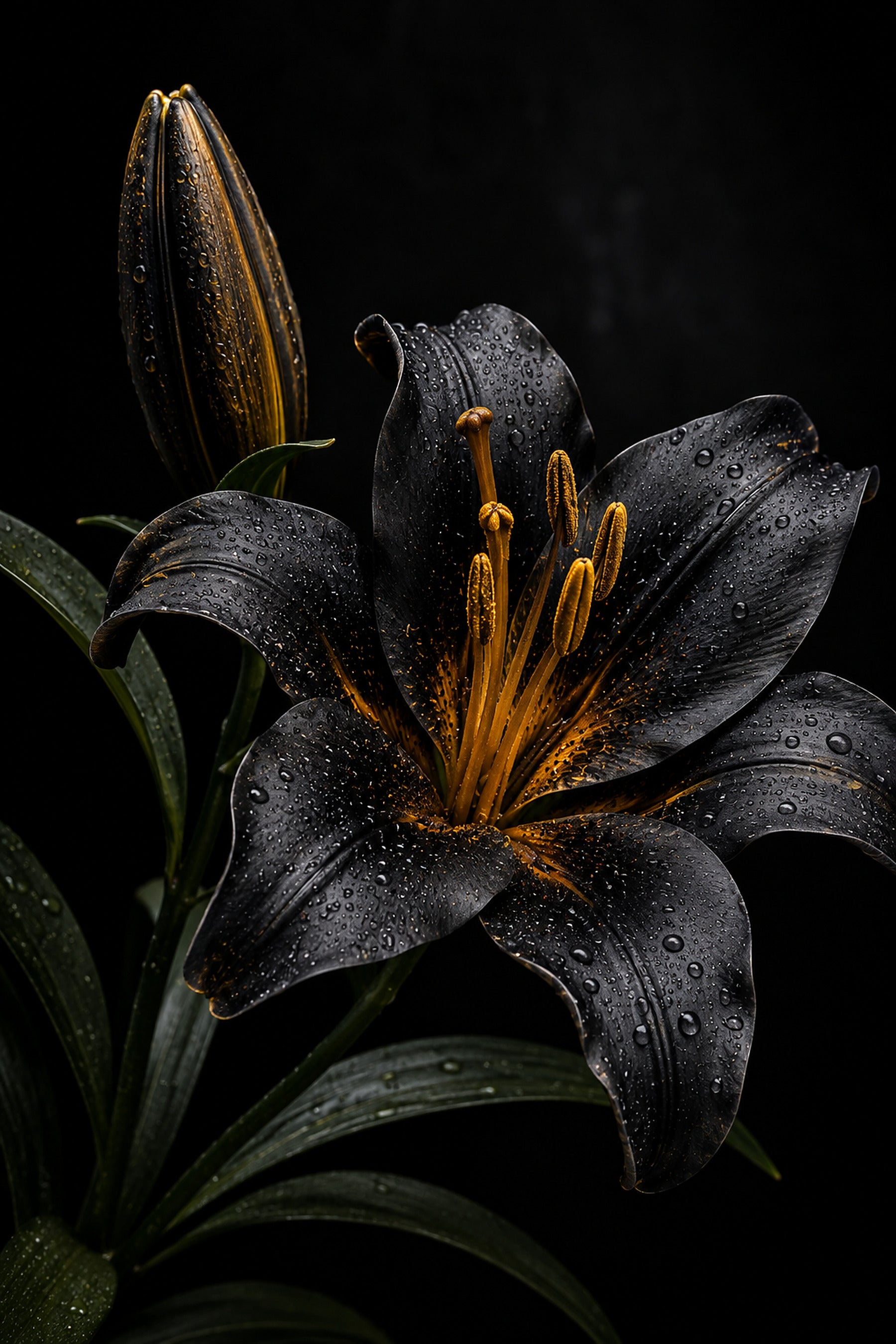 Tablou decorativ cu un crin negru cu stamine portocalii