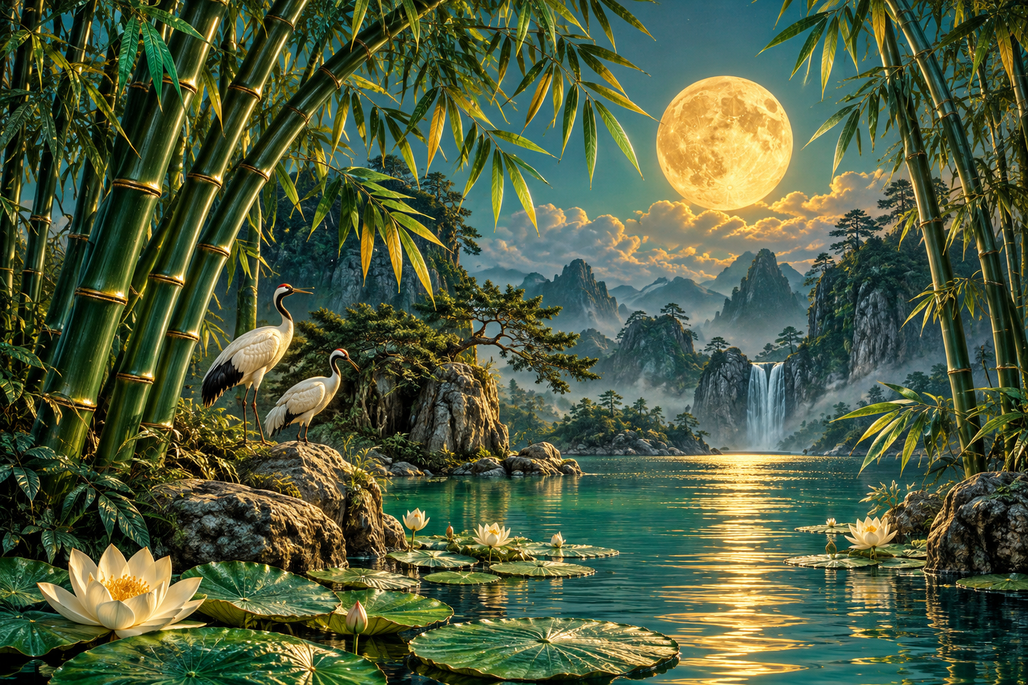 Tablou decorativ - Bambus si Cocor sub Luna