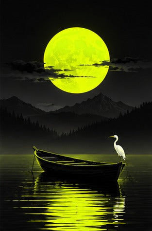 Tablou decorativ - Barca cu egreta sub luna verde