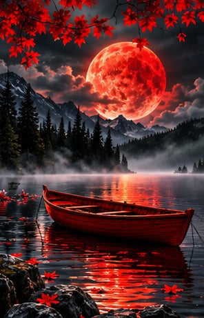 Tablou decorativ - Barca singuratica sub luna rosie