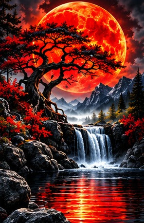 Tablou decorativ - Bonsai sub luna rosie