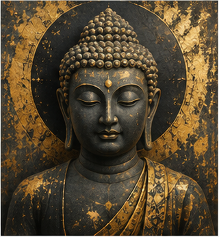 Tablou decorativ Buddha cu Accente Aurii, statuie Buddha si foita de aur