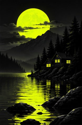Tablou decorativ - Cabana de lac sub luna verde