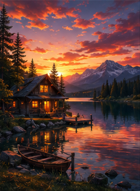 Tablou decorativ Cabana la Lac la Apus