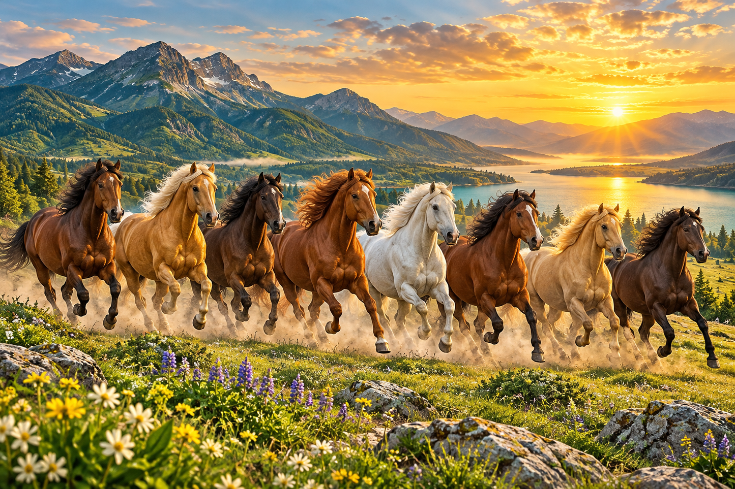 Tablou decorativ - Caii in Galop la Apus