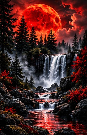 Tablou decorativ - Cascada dubla sub luna rosie