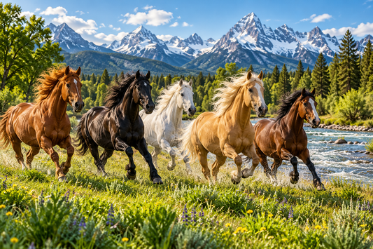 Tablou decorativ - Cinci Cai in Galop pe Pajiste