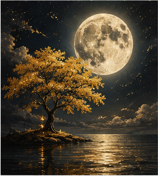 Tablou decorativ Copacul Auriu sub Luna Plina, copac auriu si luna