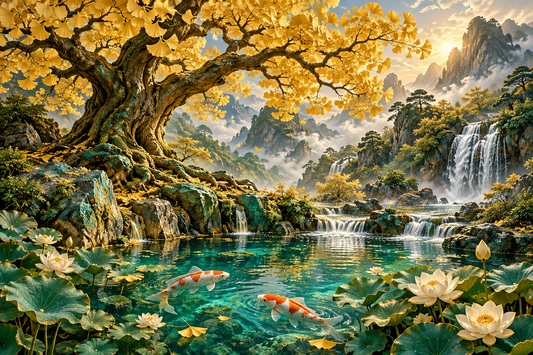 Tablou decorativ - Copacul de Ginkgo si Iazul Koi
