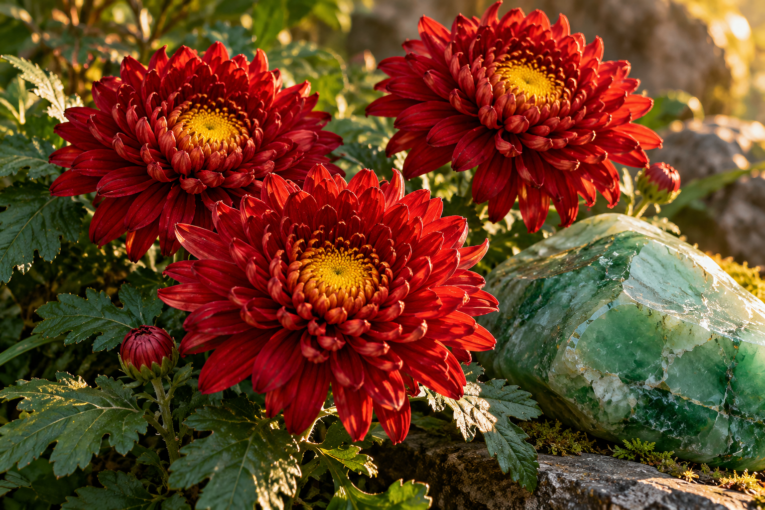 Tablou decorativ - Crizantemele Rosii si Piatra de Jad