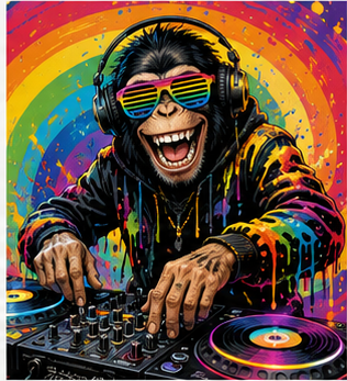 Tablou decorativ DJ-ul Curcubeu, maimuta DJ pe fundal multicolor