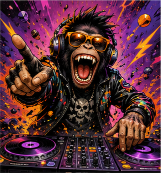 Tablou decorativ DJ-ul Exploziv, maimuta DJ pe fundal violet-magenta