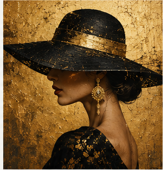Tablou decorativ Doamna cu Palarie, portret elegant pe fundal auriu