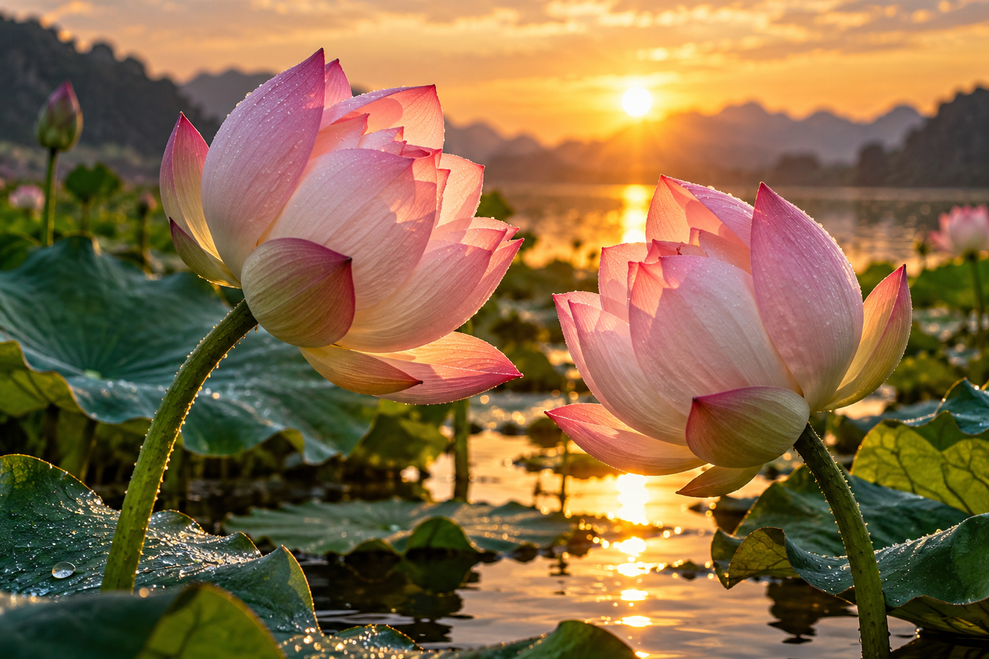 Tablou decorativ - Doi Boboci de Lotus la Apus