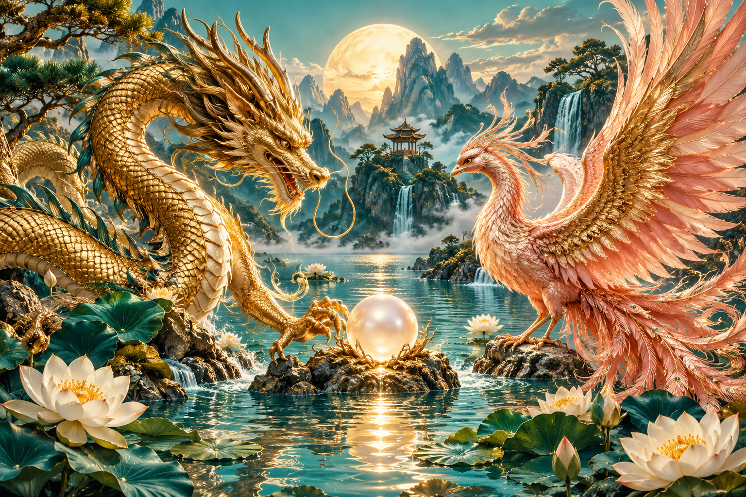 Tablou decorativ - Dragonul, Phoenixul si Perla