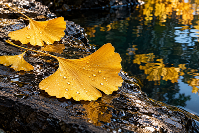 Tablou decorativ - Frunze de Ginkgo pe Piatra Uda