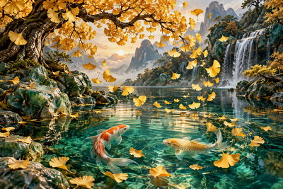 Tablou decorativ - Frunze de Ginkgo peste Koi